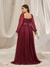 Plus Square Neck Lantern Sleeves Split Thigh Evening Dress - Elonnashop